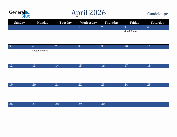 April 2026 Guadeloupe Calendar (Sunday Start)