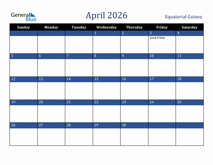 April 2026 Equatorial Guinea Calendar (Sunday Start)
