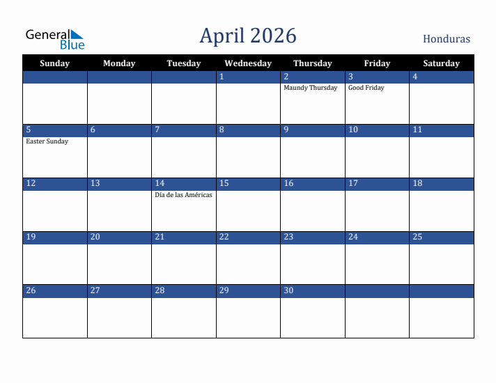 April 2026 Honduras Calendar (Sunday Start)