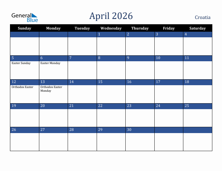 April 2026 Croatia Calendar (Sunday Start)
