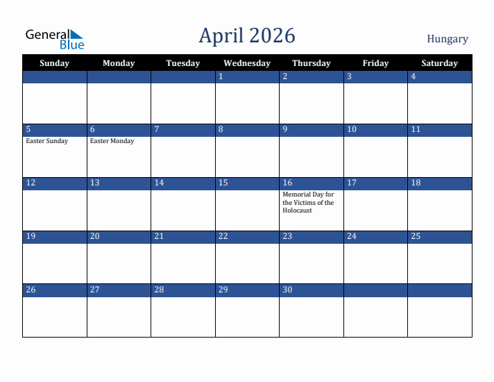 April 2026 Hungary Calendar (Sunday Start)