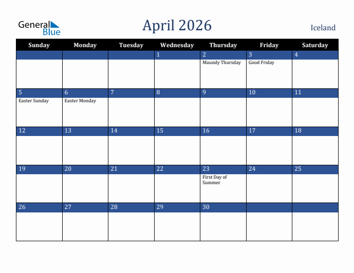 April 2026 Iceland Calendar (Sunday Start)