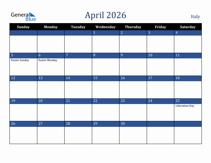 April 2026 Italy Calendar (Sunday Start)