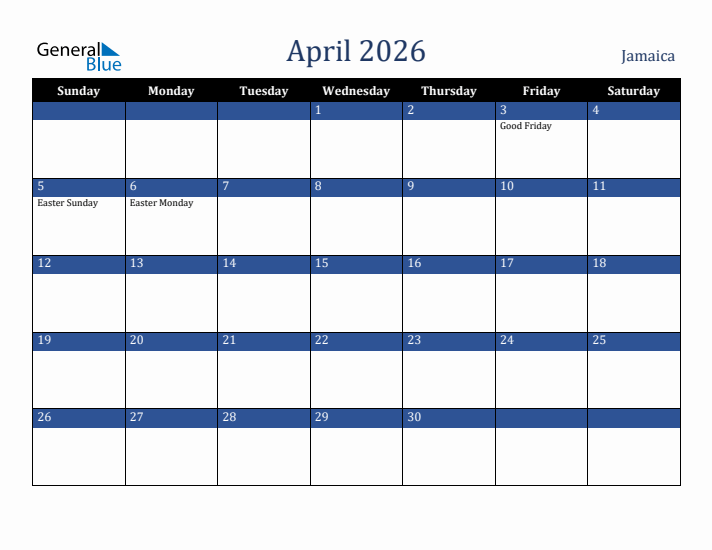 April 2026 Jamaica Calendar (Sunday Start)