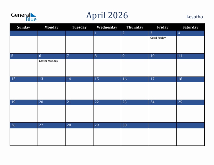 April 2026 Lesotho Calendar (Sunday Start)
