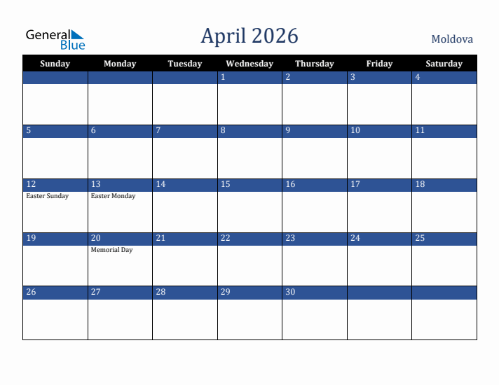 April 2026 Moldova Calendar (Sunday Start)