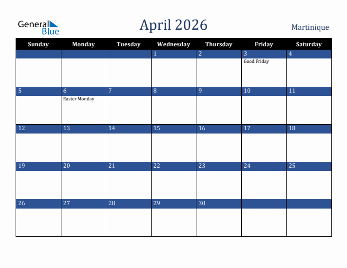 April 2026 Martinique Calendar (Sunday Start)