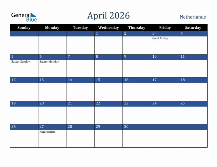 April 2026 The Netherlands Calendar (Sunday Start)