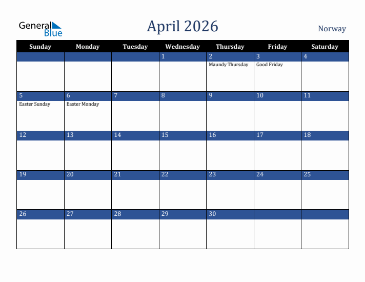 April 2026 Norway Calendar (Sunday Start)