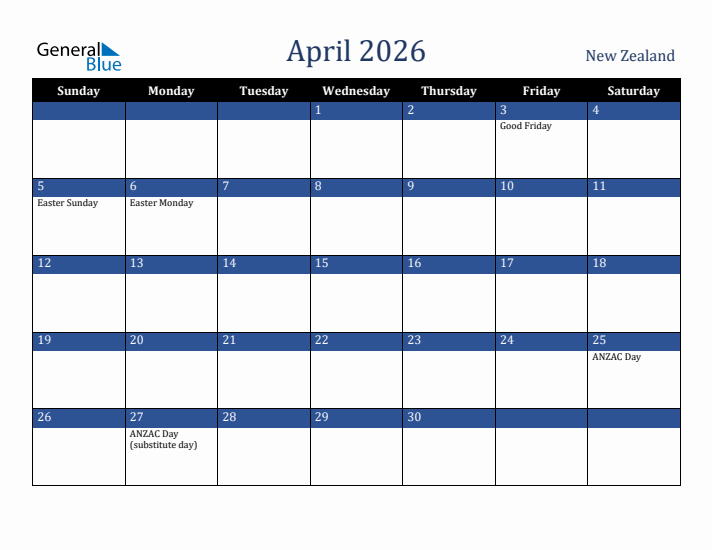April 2026 New Zealand Calendar (Sunday Start)