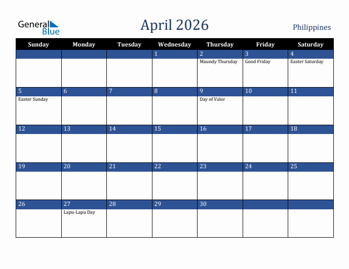 April 2026 Philippines Calendar (Sunday Start)