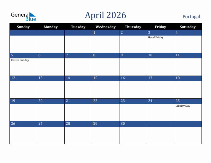 April 2026 Portugal Calendar (Sunday Start)