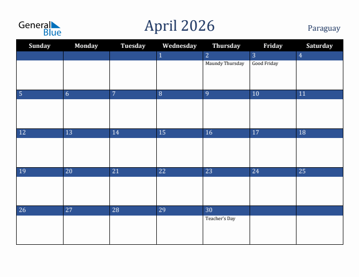 April 2026 Paraguay Calendar (Sunday Start)
