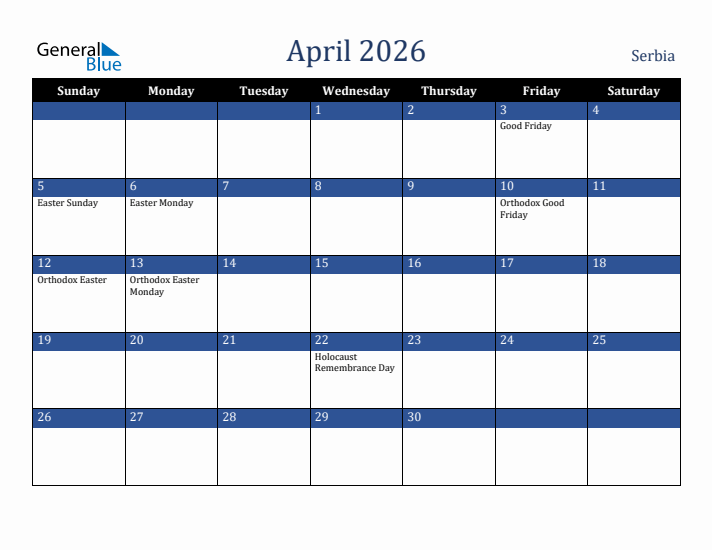 April 2026 Serbia Calendar (Sunday Start)