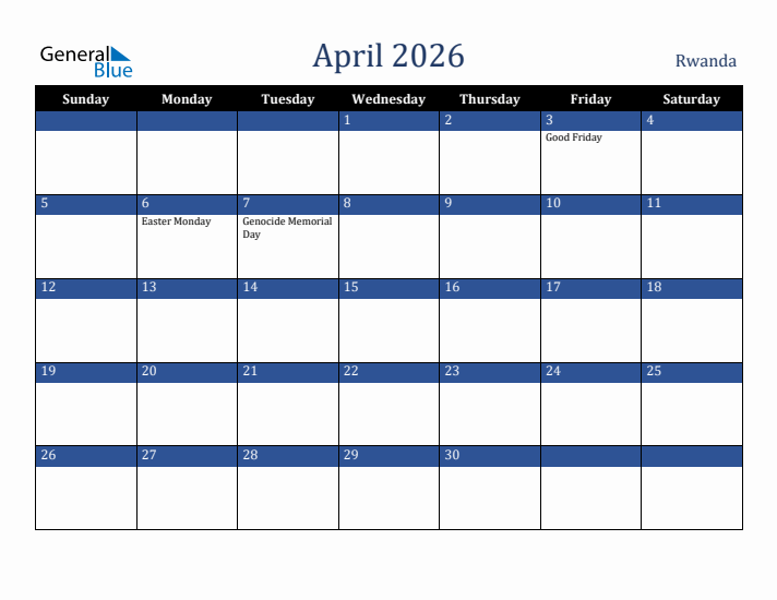 April 2026 Rwanda Calendar (Sunday Start)