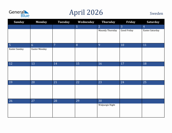 April 2026 Sweden Calendar (Sunday Start)