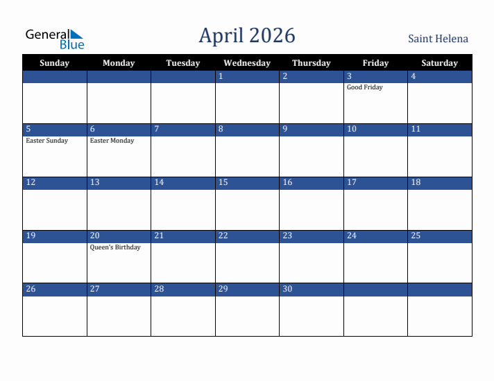 April 2026 Saint Helena Calendar (Sunday Start)
