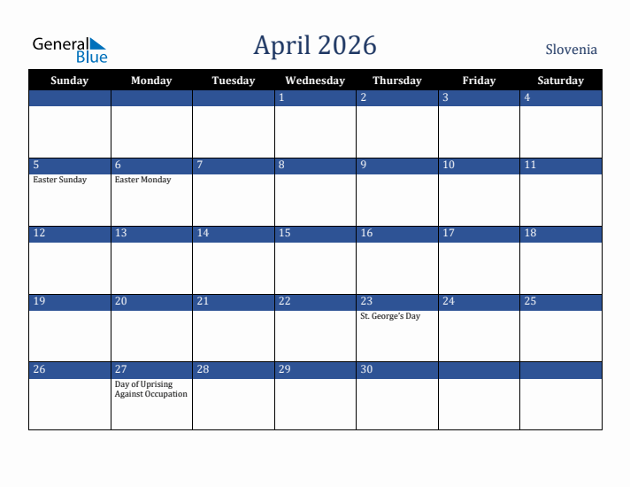 April 2026 Slovenia Calendar (Sunday Start)