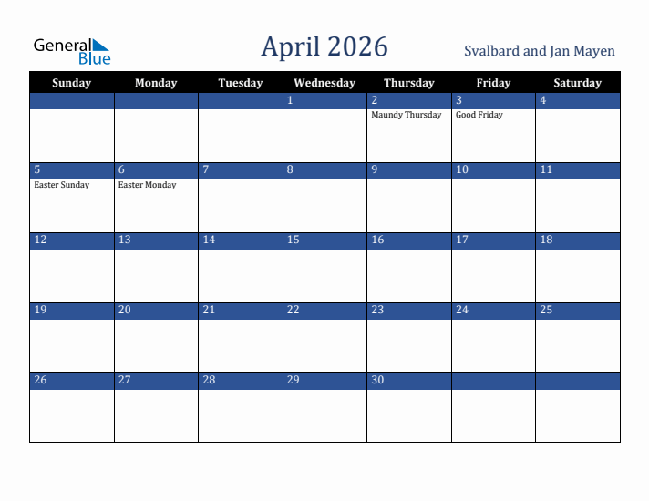 April 2026 Svalbard and Jan Mayen Calendar (Sunday Start)