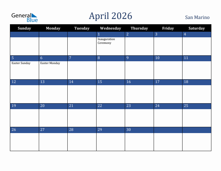 April 2026 San Marino Calendar (Sunday Start)