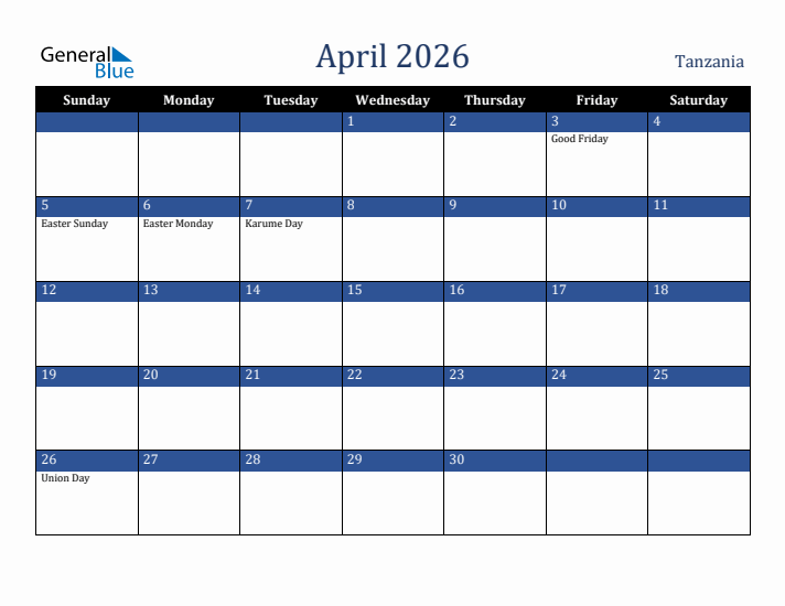 April 2026 Tanzania Calendar (Sunday Start)