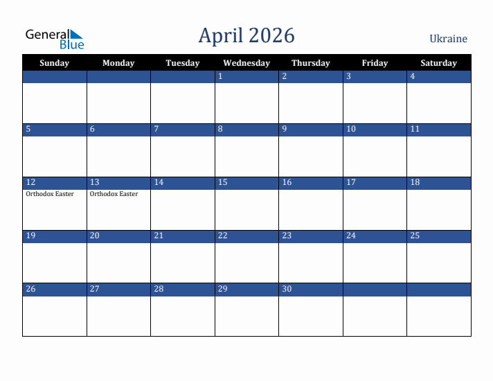 April 2026 Ukraine Calendar (Sunday Start)