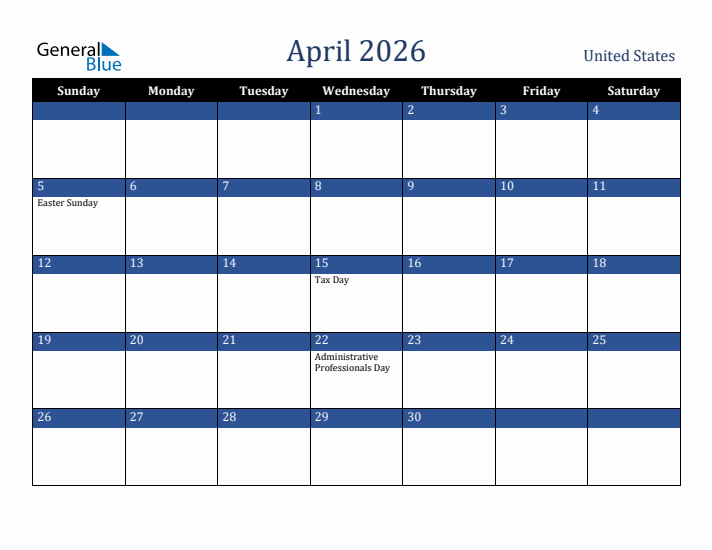 April 2026 United States Calendar (Sunday Start)