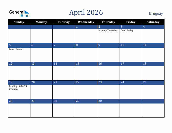 April 2026 Uruguay Calendar (Sunday Start)