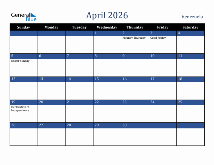 April 2026 Venezuela Calendar (Sunday Start)