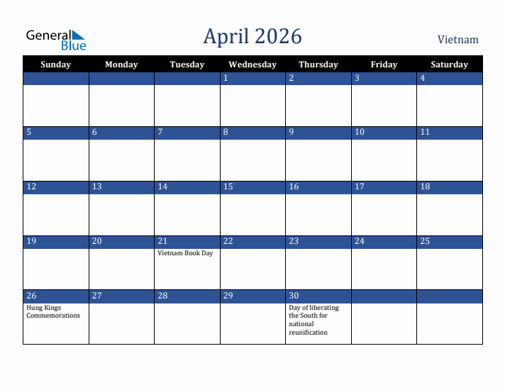 April 2026 Vietnam Calendar (Sunday Start)