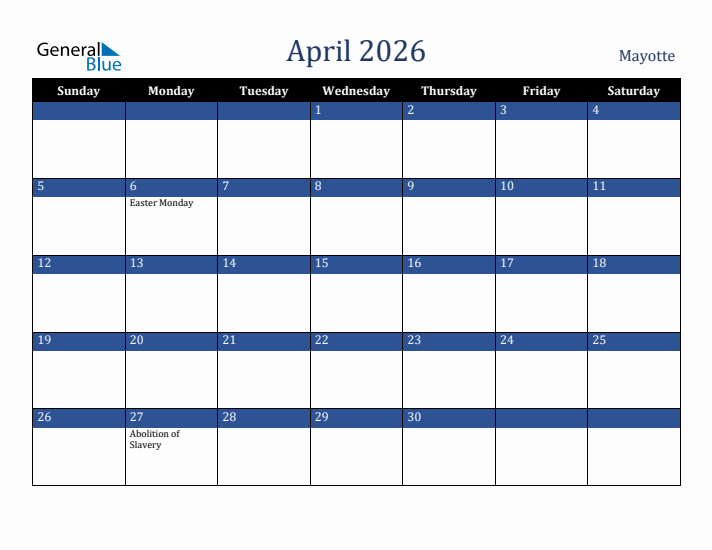 April 2026 Mayotte Calendar (Sunday Start)