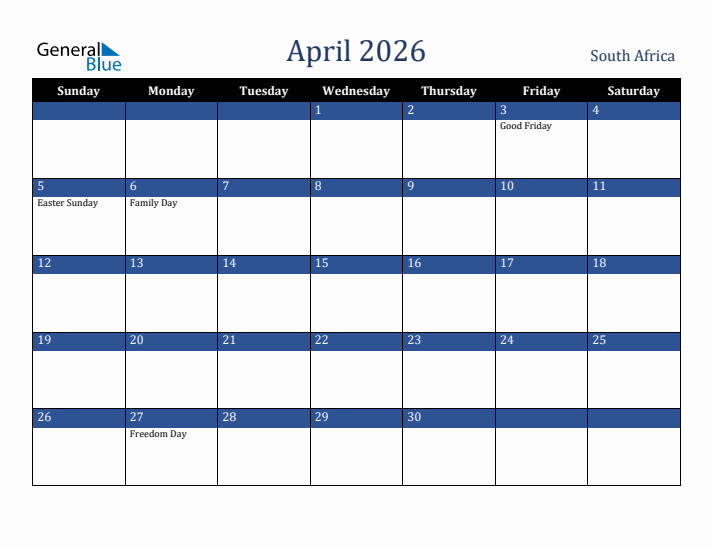 April 2026 South Africa Calendar (Sunday Start)