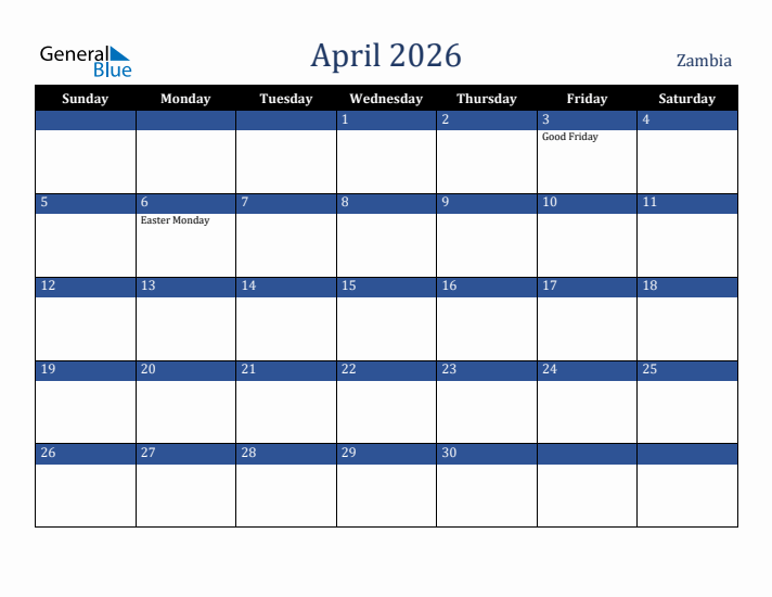 April 2026 Zambia Calendar (Sunday Start)