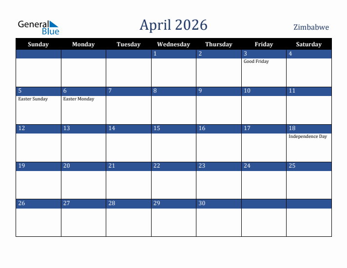 April 2026 Zimbabwe Calendar (Sunday Start)