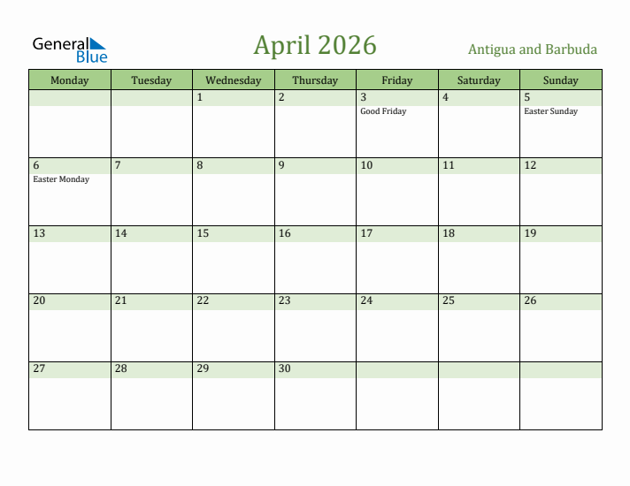 April 2026 Calendar with Antigua and Barbuda Holidays