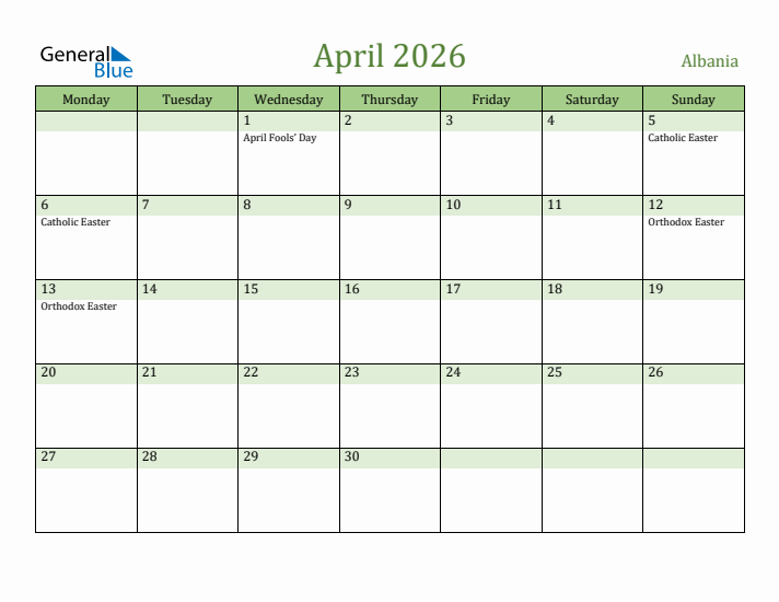 April 2026 Calendar with Albania Holidays