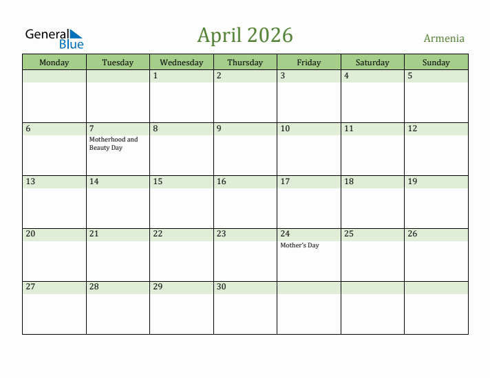 April 2026 Calendar with Armenia Holidays
