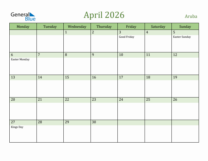 April 2026 Calendar with Aruba Holidays