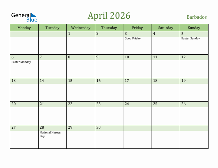 April 2026 Calendar with Barbados Holidays