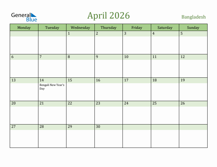 April 2026 Calendar with Bangladesh Holidays