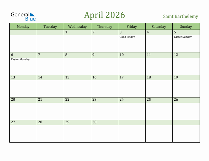 April 2026 Calendar with Saint Barthelemy Holidays