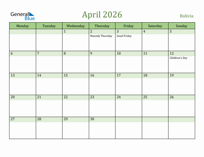 April 2026 Calendar with Bolivia Holidays