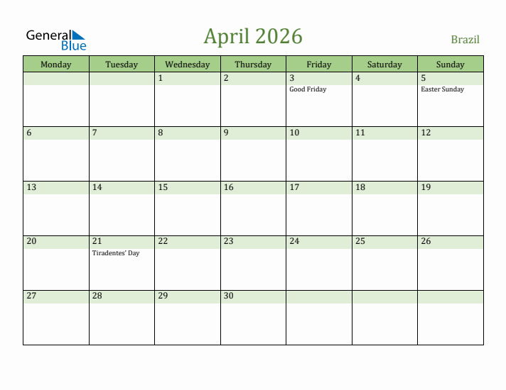 April 2026 Calendar with Brazil Holidays