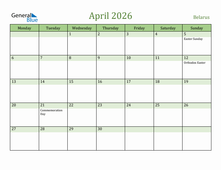 April 2026 Calendar with Belarus Holidays