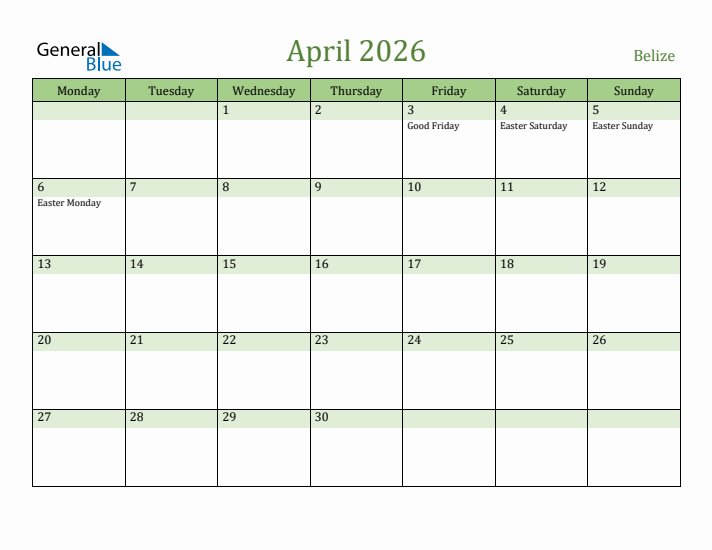 April 2026 Calendar with Belize Holidays