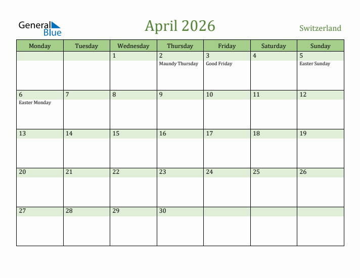 April 2026 Calendar with Switzerland Holidays