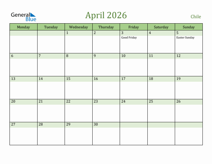 April 2026 Calendar with Chile Holidays