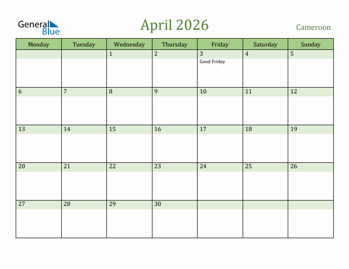 April 2026 Calendar with Cameroon Holidays