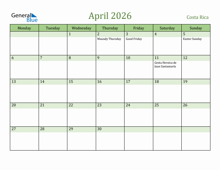 April 2026 Calendar with Costa Rica Holidays