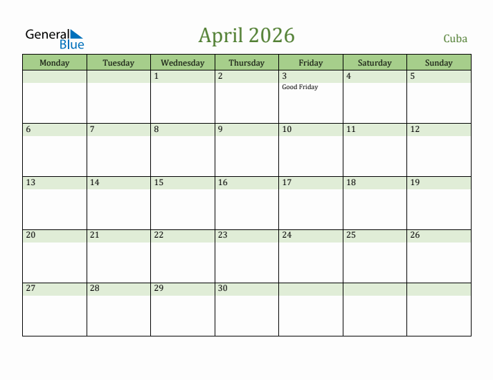 April 2026 Calendar with Cuba Holidays